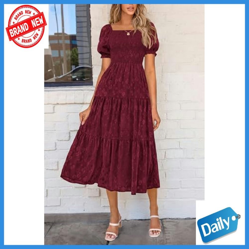Square Neck Midi Dress with Pockets, Smocked Bodice, Ruffle Sleeves - Picture 5 of 8